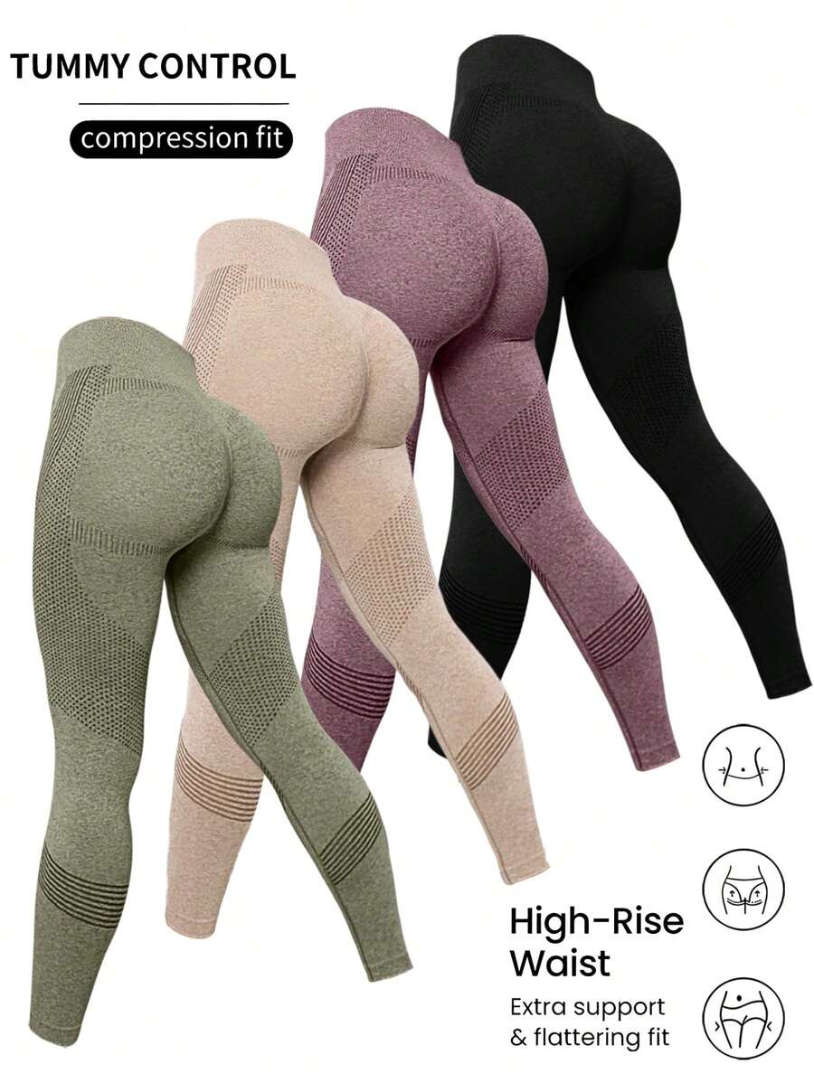 Easithlete 4pcs Color Block High Waist Seamless High Elasticity Sports Leggings - Multicolor - View 1