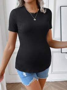 SHEIN Maternity Color Block Back Tie Short Sleeve Casual T-Shirt - Black - View 4