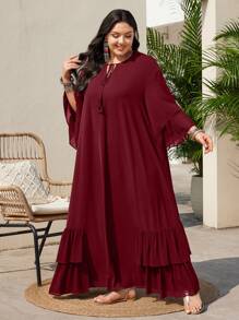 Mulvari Burgundy Red Plus Size Twist Collar Ruffle Trim Decorated Dress - Burgundy - View 5
