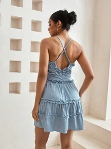GENKIRA Solid Color Cross Back Halter Neck Frill Hem Midi Dress - Dusty Blue - View 2