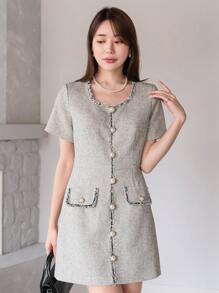 DAZY Round Neck Color Block Short Sleeve Dress Sundress - Beige - View 6