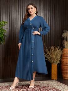 Modelyn Plus Size Women's Stylish Pleated Long Dress Long Evening Dresses - Blue - View 4