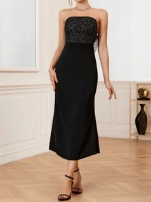 SHEIN Belle 露背美人鱼露肩连衣裙，配银箔印花、大蝴蝶结装饰长款女士服装 - 黑色 - 查看 4