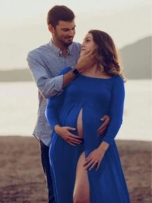 Pregnant Women Off Shoulder Long Sleeve High Slit Photography Robe For Maternity Photoshoot - Royal Blue - View 5