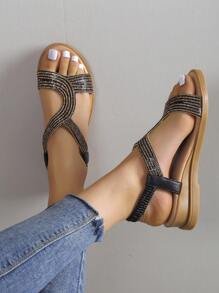 Summer Comfortable Fairy Style High Heel Wedge Sandals With Thick Bottom, Rhinestone Decor, Open Toe, And Roman Style Valentines - Black - View 3