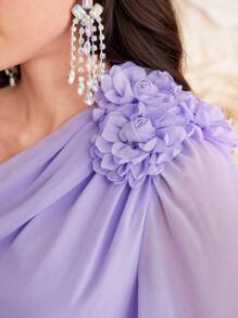 Modelyn Solid Color 3d Flowers Asymmetrical Neckline & Drawstring Waist Dress - Mauve Purple - View 4