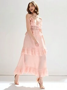 Enchnt Vestido Largo De Tejido Pastel Rosa Con Inserto De Encaje, Volantes Y Adornos - Rosa Pálido - Ver 5