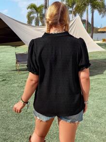 SHEIN Plus Size Summer Floral Embroidery Notch Neck Short Sleeve Blouse - Black - View 2