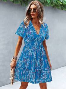 SHEIN LUNE Ditsy Floral Print V-Neck Short Sleeve A-Line Dress - Mint Blue - View 3