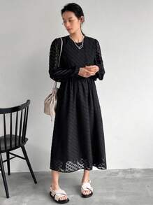 FRIFUL Vestido midi de mujer con mangas de linterna de malla y cintura ceñida, vestido largo de manga larga para otoño