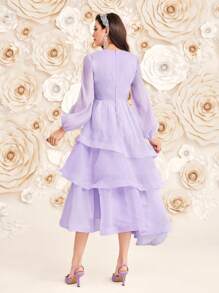 Modelyn Ladies' Solid Color Lace Flower Edge Lantern Sleeve Dress Long Evening Dresses - Mauve Purple - View 2