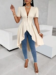 SHEIN Slayr 純色高低飄帶不對稱下擺上衣 - 卡其色 - 查看 5