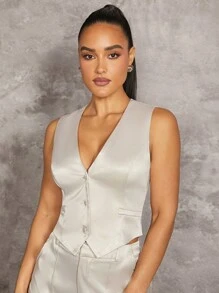 Silquee Màu Quả mơ Xa ten Cổ chữ V sâu Gợi cảm Co giãn Của phụ nữ Áo vest - Màu be - Xem 4