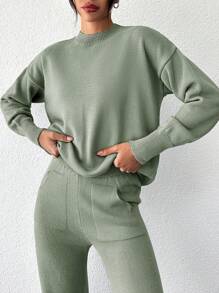 EURMUSE Của phụ nữ Màu thuần Vòng cổ Thả vai Áo len Và Quần Hai chiếc Bộ - Màu xanh Bạc hà - Xem 6