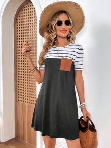 SHEIN Clasi Vestido De Manga Corta Con Bloques De Color Y Rayas