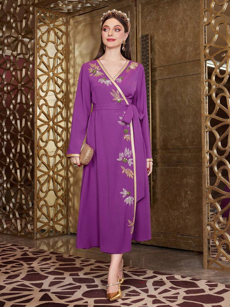 Women's Floral Rhinestone Decorated Patchwork Ribbon & Long Sleeve Kaftan Jalabiya Long Dress, Elegant Luxury Evening Party Style Fall Cloth For Women