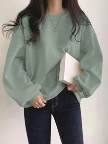 DAZY Solid Color Round Neck Loose Fit Casual Sweatshirt With Drop Shoulder,Fall Clothes