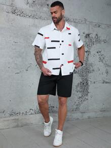 Manfinity Homme Men's Plus Size Red & Black Stripe Design T-Shirt Set - White - View 5
