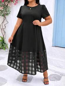 Celure 加大尺寸格紋拼接帝國腰裙 - 黑色 - 查看 5