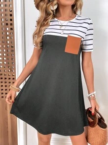 SHEIN Clasi Vestido De Manga Corta Con Bloques De Color Y Rayas