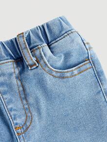 SHEIN Young Girls' High Elasticity Embroidery Flared Jeans, And Cute - Light Wash - View 3