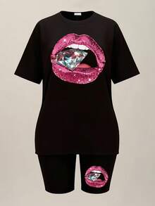 Maweii Kích thước lớn Gợi cảm Hình môi Ngắn tay Áo thun Và Bộ quần short - màu đen - Xem 3