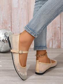 2025秋季女士透气软底镂空舒适时尚平底鞋带扣带 - 杏色 - 查看 3