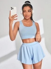 Gameset SHEIN Sport 女士純色短上衣和短褲運動套裝 - 淺藍色 - 查看 4