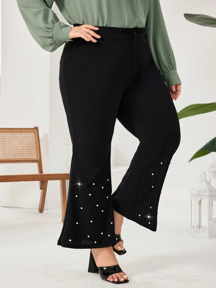 Plus Size Faux Pearl Stud Flared Suit Pants