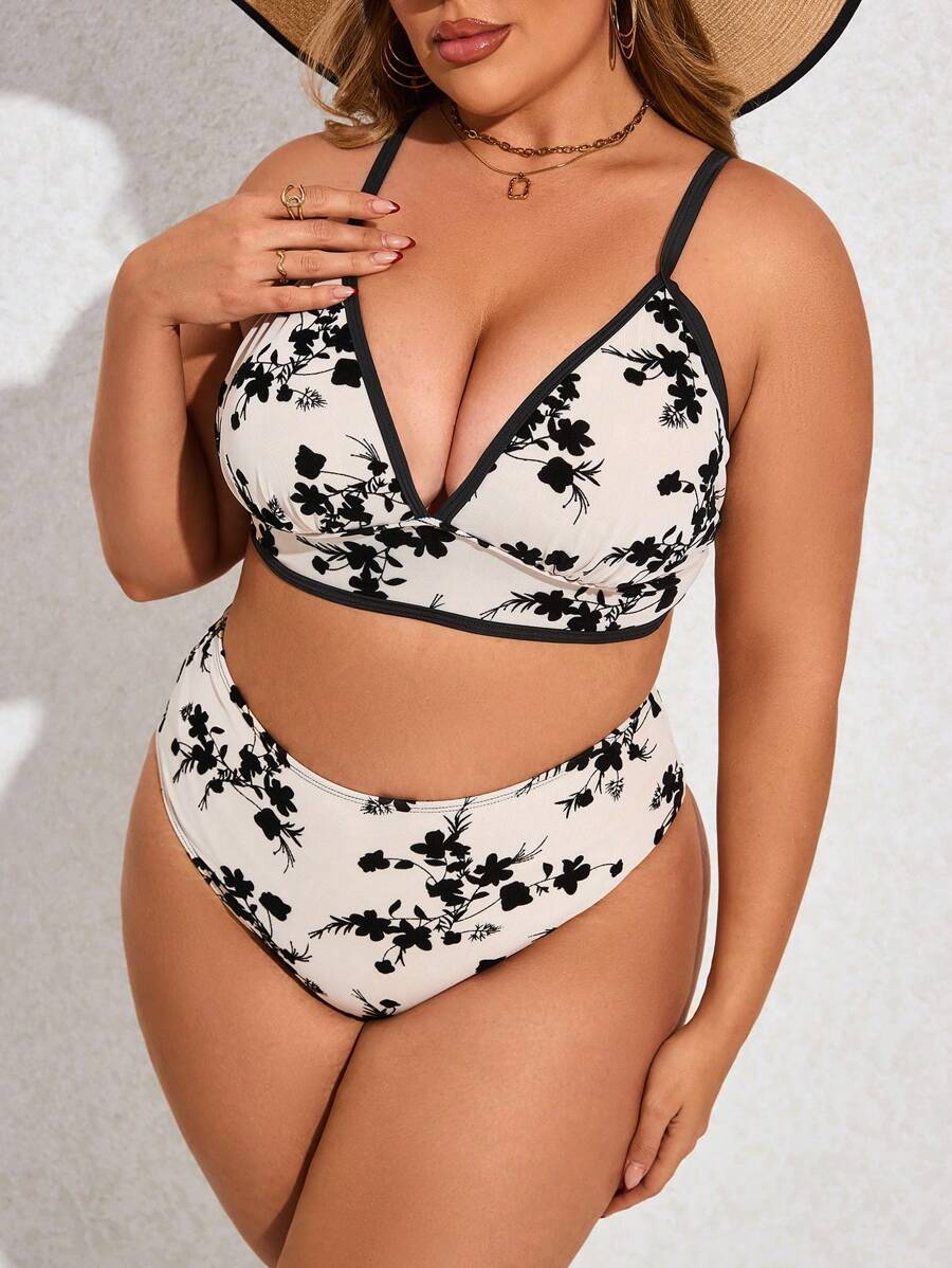 SHEIN Swim Curve Plus Size Women's Floral Printed Bikini Set Summer Beach