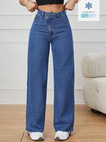 EMERY ROSE Jeans Rectos Casuales Con Bolsillo Inclinado En La Cintura Asimétrica Coolmax - Azul lavado medio - Ver 3