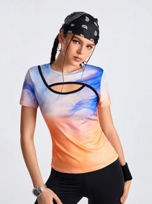 Streetz SHEIN Sport Color Block Tie-Dye Hollow Out Round Neck Sports T-Shirt - Khaki - View 5