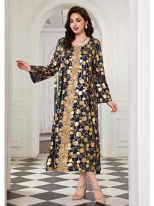 Al Najma Vestido De Empalme De Encaje Con Estampado Dorado - azul real - Ver 6