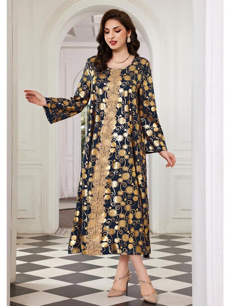Lace Splicing Dress With Golden Print