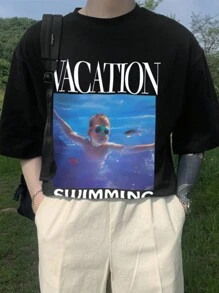 DAZY Men's Summer T-Shirt With Character & Letter Print,Fall Clothes - Black - View 1