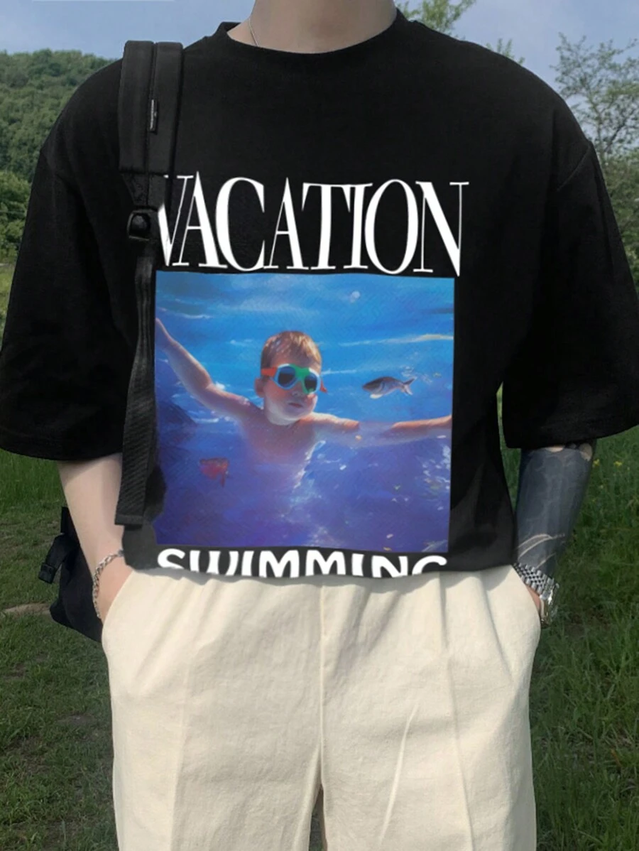 DAZY Men's Summer T-Shirt With Character & Letter Print,Fall Clothes - Black - View 1