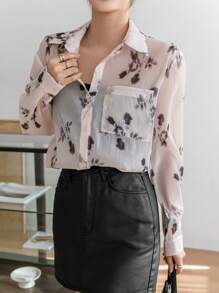 DAZY 女式宽松印花基本款透明衬衫，秋季女装长袖上衣 - 米色 - 查看 3