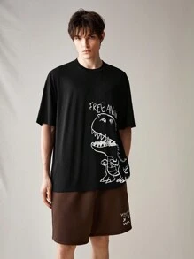 Manfinity RebelGame Conjunto De Camiseta Y Pantalones Cortos De Punto De Ocio Con Estampado De Dinosaurio Para Hombre