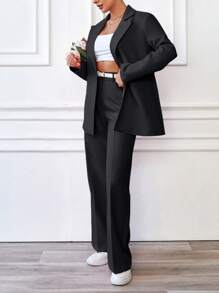 EURMUSE Solid Peak Collar Singe Breasted Placket Suit Sets - Black - View 5