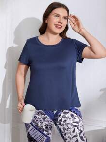 Plus Solid Tee & Paisley Scarf Print Trousers PJ Set - Multicolor - View 3