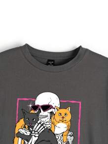 Eljasssss Artist Women's Plus Size Round Neck Loose Fit Skull & Letter Printed T-Shirt - Dark Grey - View 4