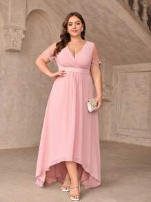 SHEIN Belle Vestido de dama de honor versátil para eventos de boda, elegante vestido con cuello en V rosa, cintura plisada, encaje romántico, mangas cortas, cintura alta estilizada, falda corta en frente y larga asimétrica - Rosa - Ver 6