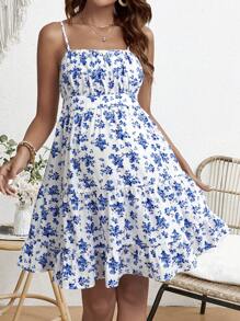 SHEIN Maternity Vibrant Floral Printed Bodycon Cami Sundress For Holiday - Blue - View 5