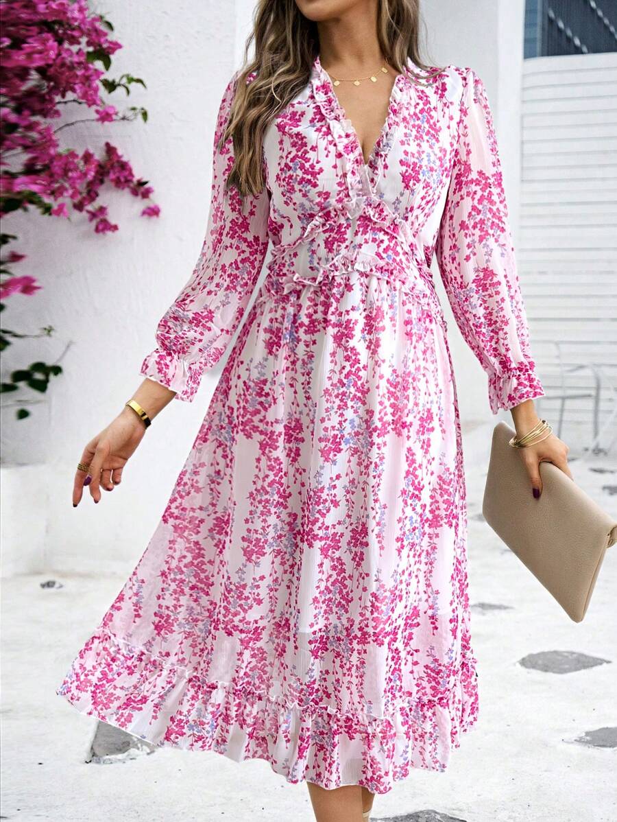 Breezaya Ditsy Floral Frill Trim Flounce Sleeve Ruffle Hem Dress Maxi Vacation Beach Outfits Women Fall Cloth For Women - Multicolor - View 1