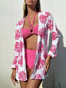 SHEIN Swim 女性實色沙灘泳裝套裝,配環飾品+熱帶印花和服 - 彩色 - 查看 3