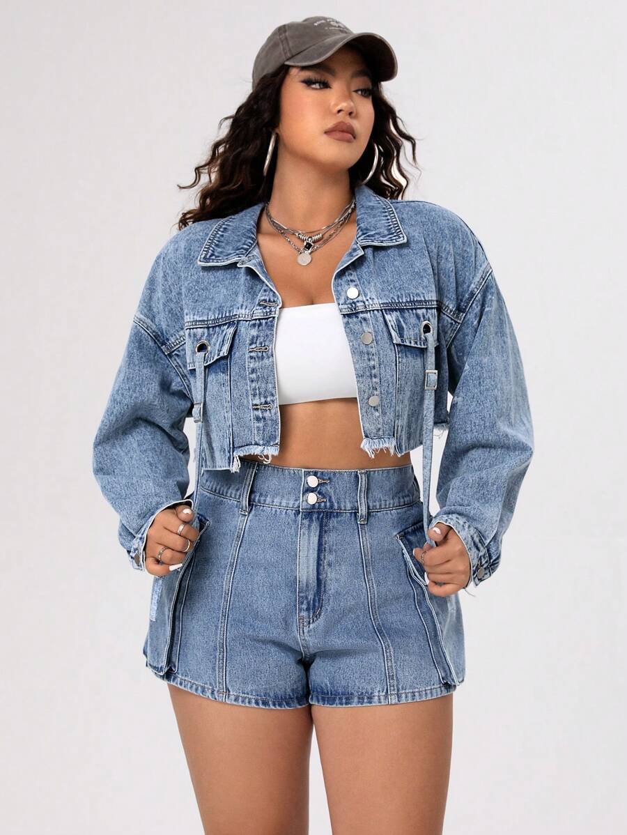 SHEIN ICON 大尺碼牛仔短外套,原始邊緣設計 - 淺色水洗藍 - 查看 1