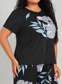 Plus Size Koala And Plant Print Pajama Top