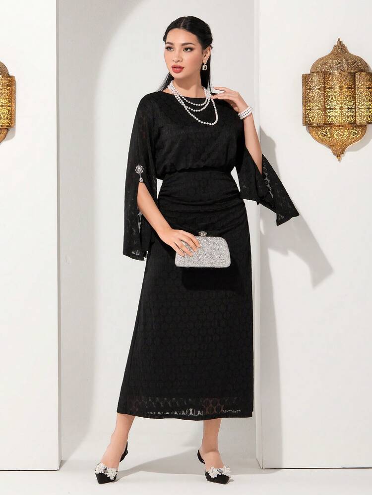 Fitted Split Sleeve Waist Cinched Dress Long Evening Dresses