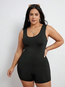 SHEIN Essnce 大碼女士黑色無袖短貼身連身褲，夏季 - 黑色 - 查看 5
