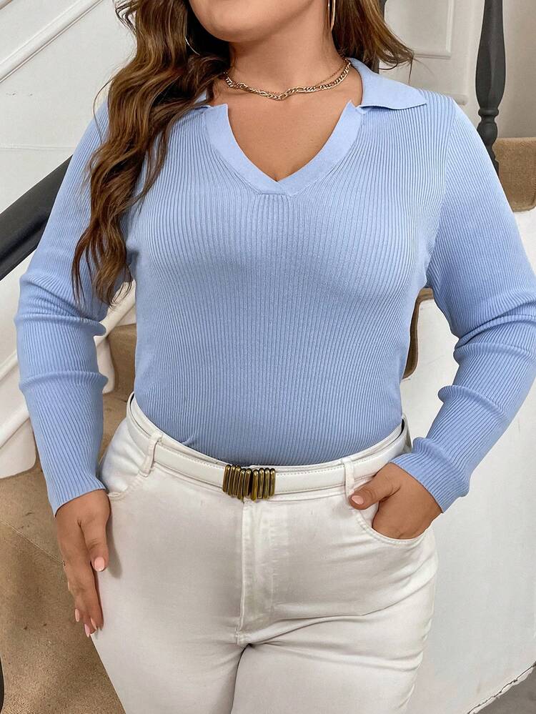 Plus Size Solid Color Rib Knit Sweater Knit Pullover Fall Winter